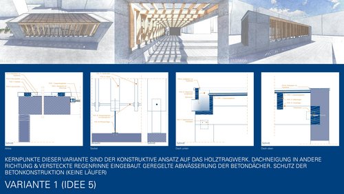 Längs geteiltes Bild. Der obere Teil besteht aus weiteren 3 Zeichnungen des Pavillons aus unterschiedlichen Perspektiven (von oben, von vorne, seitlich). Fokus liegt auf der tragenden Holzkonstruktion, bei der jede Holzstele auf Metallsockeln erhöht steht. Der untere Teil zeigt die zugehörigen Bauzeichnungen.