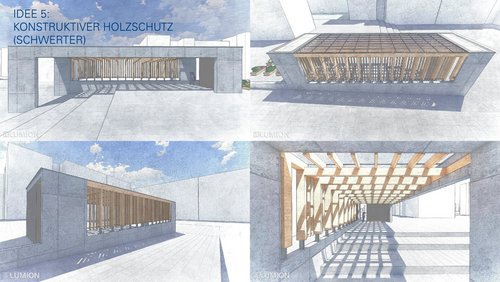 Vier geteiltes Bild. Jeder Teil zeigt eine Zeichnung des Pavillons aus unterschiedlichen Perspektiven (von beiden Seiten, von Vorne, von Oben). Fokus liegt auf der tragenden Holzkonstruktion, bei der jede Holzstele auf Metallsockeln erhöht steht.