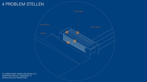 Eine weiße Zeichnung des Pavillons auf blauem Hintergrund aus der Vogelperspektive. In orange sind 4 Punkte zu sehen, die die Problemstellen kennzeichnen. Ein Punkt zeigt auf das Dach oben, ein Punkt auf das Dach unten, ein Punkt auf die Holzsockel und ein Punkt auf das Dach der Abstellkammer.