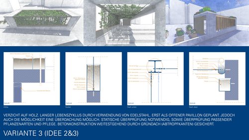 Längs geteiltes Bild. Der obere Teil besteht aus weiteren 3 Zeichnungen des Pavillons aus unterschiedlichen Perspektiven (von oben, von vorne, seitlich). Fokus liegt auf der Dachbegrünung. Der untere Teil zeigt die zugehörigen Bauzeichnungen.